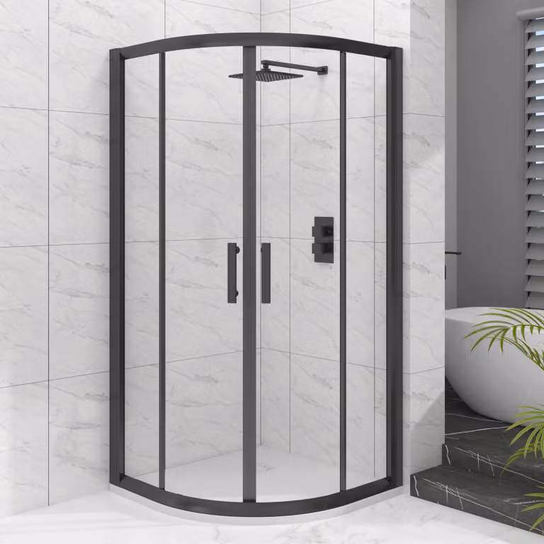 Royal Bathrooms Milan Quadrant Shower Enclosure with White Mineral Cast Stone Tray, Matt Black, W/D: 80 x 80 cm, 6mm Double Sliding Door