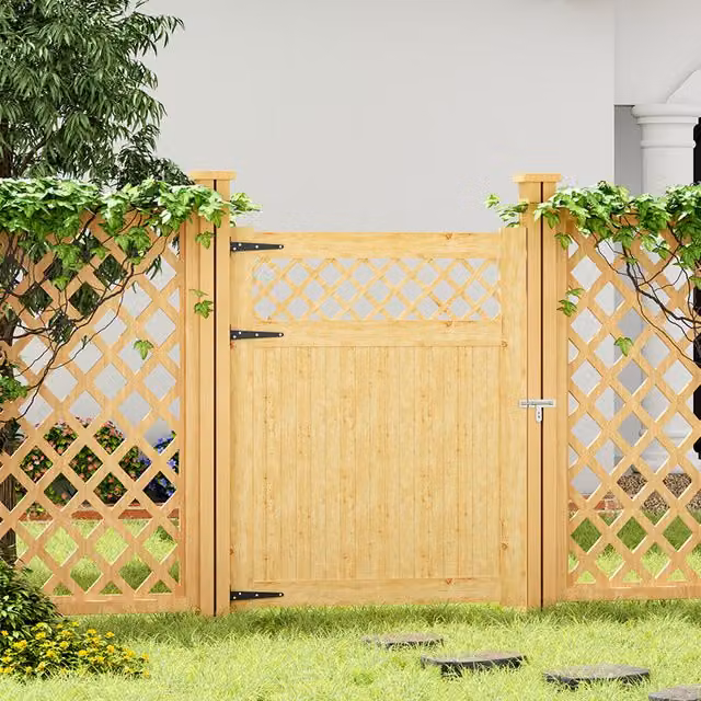 Livingandhome Rhombus Wood Garden Fence Gate in Natural Brown, W: 120 cm, H: 150 cm