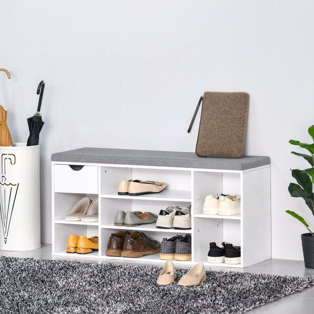 Wyld Haus White Cushioned Shoe Bench with 1 Drawer and 7 Adjustable Compartments – 3