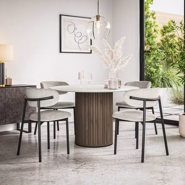 More4Homes Arlo White Marble Top Round Dining Table with Walnut Legs and 4 Myla Grey Linen Dining Chairs Set