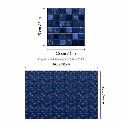 WALPLUS Pearl Noir Blue Geometric Mosaic Tile Stickers, 24 Pack, W/D/H: 15 x 15 x 0.54 cm – 5