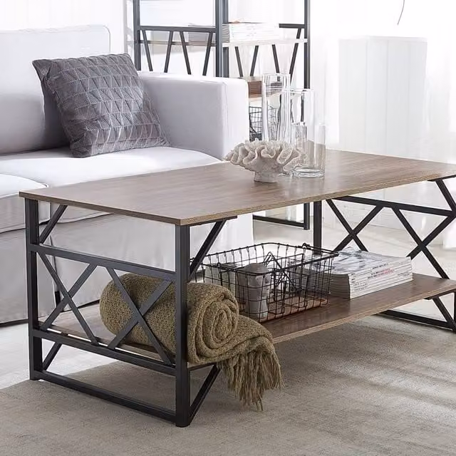Wyld and Coco Industrial Coffee Table with Taupe Wood Veneer Top and Black Metal X-Frame, W: 120 cm, D: 61 cm, H: 51 cm