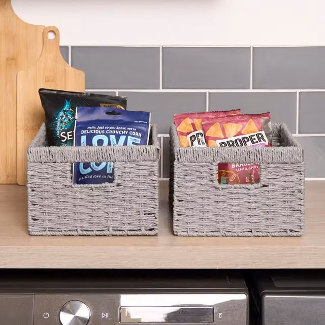 OHS Set of 2 Foldable Open Weave Paper Rope Storage Box Cubes in Grey