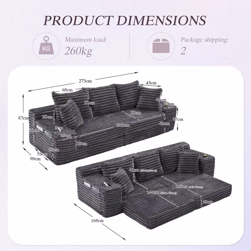Matteo Dark Grey Corduroy Sleeper Sofa with High Back, Pockets and Cup Holders – 2