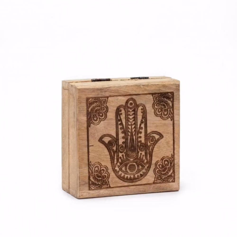 KDMD Small Square Wooden Box with Black Hamsa Engraved in Brown, W/D/H: 10 x 10 x 4.2 cm – 2
