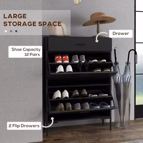 HOMCOM Modern Black Shoe Storage Cabinet with Tilting Compartments and Drawers, H 76 cm x W 110 cm x D 26 cm – 2