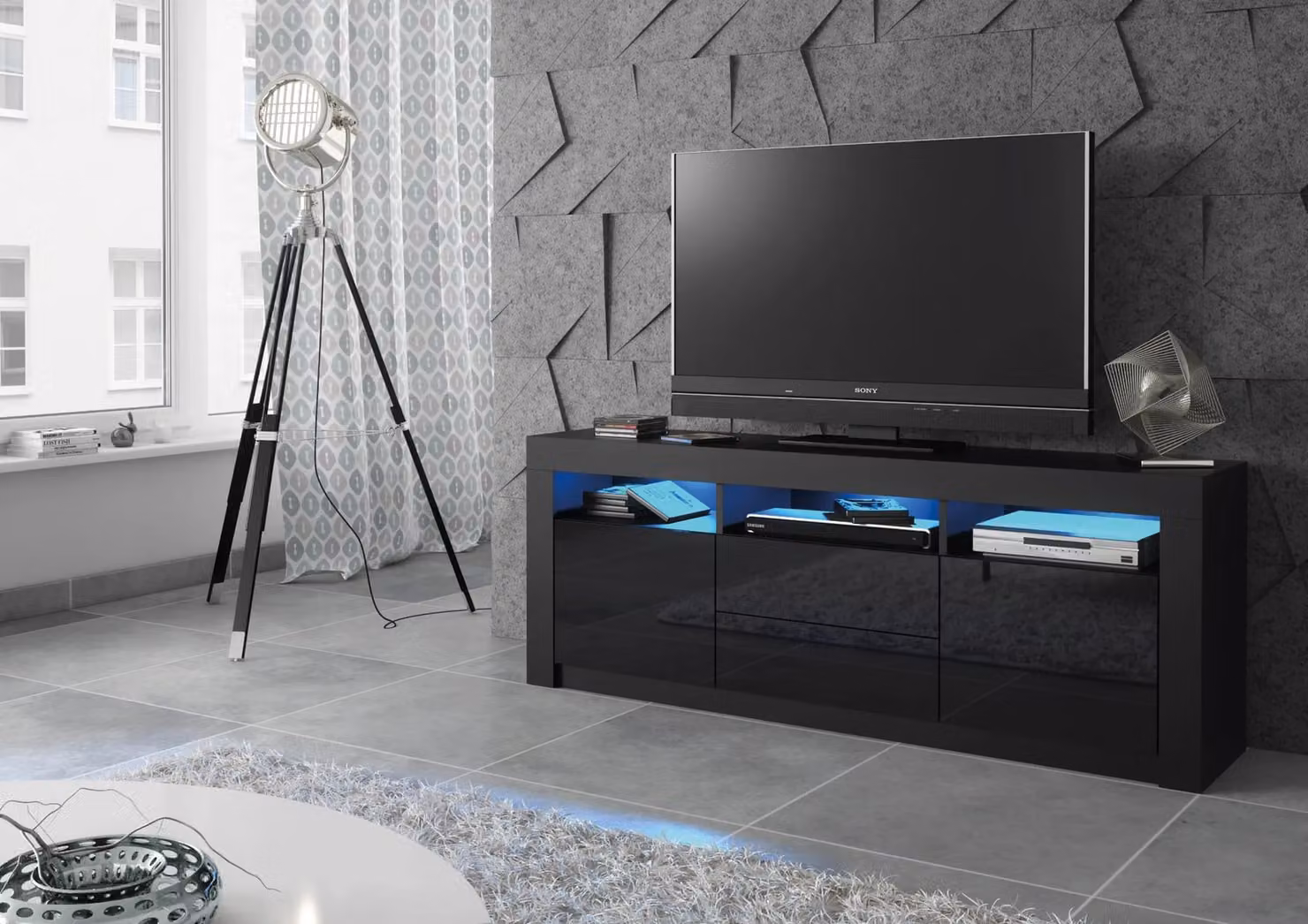 Creative Furniture Shine TV Unit in Black with Glossy Doors and LED Lights, W: 160 cm, H: 60 cm, D: 35 cm – 5