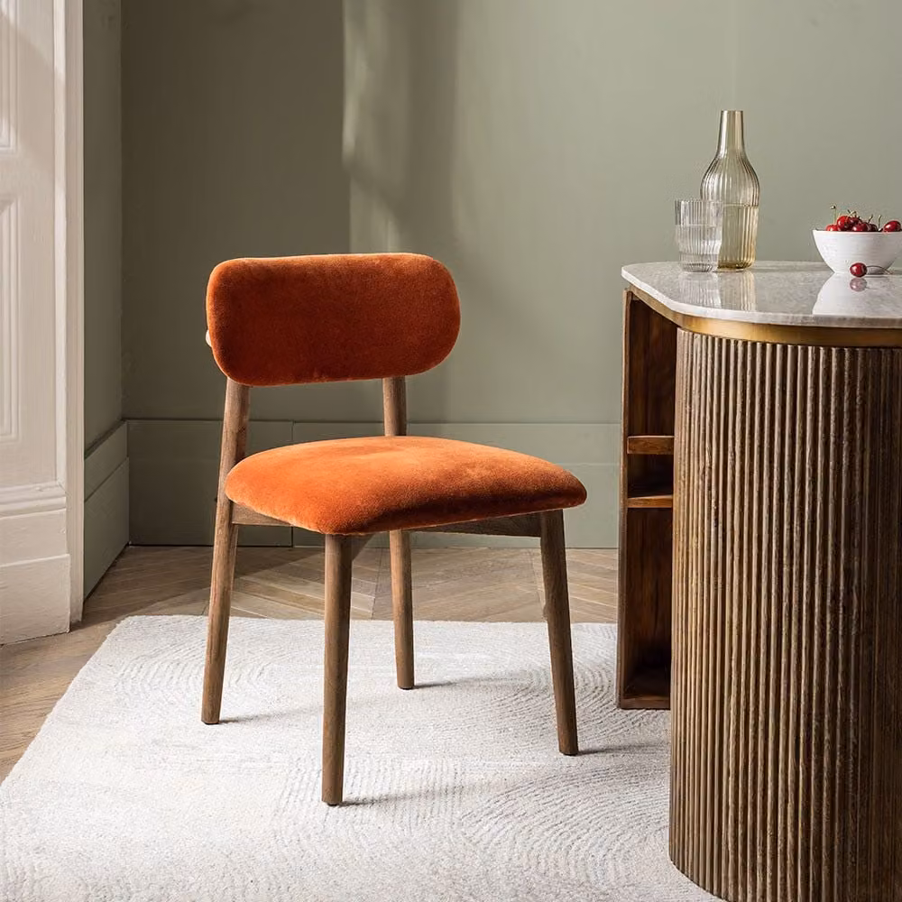 Atkin and Thyme Layla Dining Chair in Orange Velvet with Mango Wood Legs