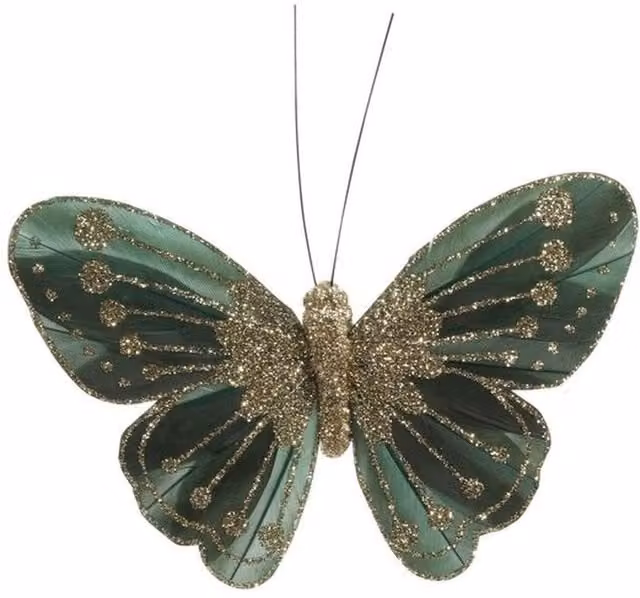 Kingsbury Gifts Pack of 12 Forest Green Feather and Glitter Butterfly Decorations