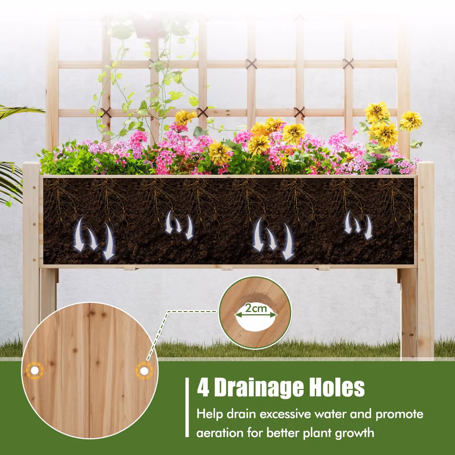 Costway Wooden Raised Garden Bed with Lattice Trellis and Drainage Holes in Sand – 3