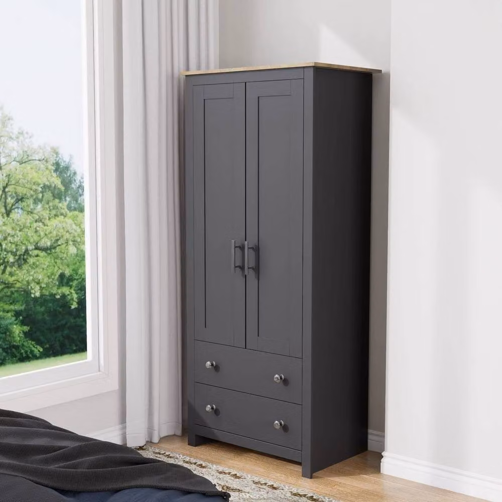 FLAVORA Modern Grey Freestanding Wardrobe with Hinged Doors and Integrated Drawers – 3