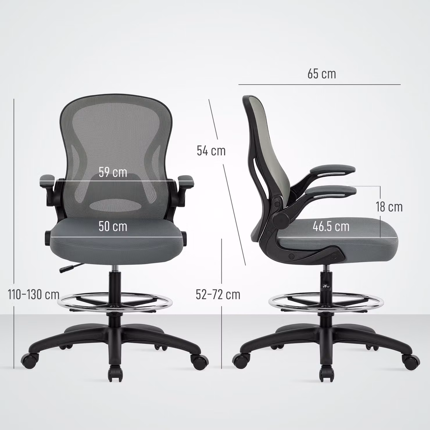 Vinsetto Draughtsman Chair with Flip-up Armrests and Adjustable Foot Ring, Grey Fabric Mesh Standing Desk Chair, W/D/H: 52 x 12 x 72 cm – 3