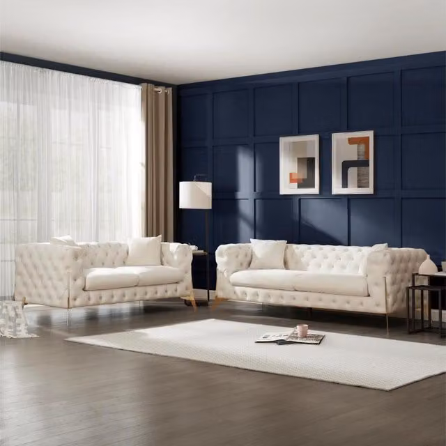 Panther Chesterfield Design Velvet Fabric Sofa in Cream