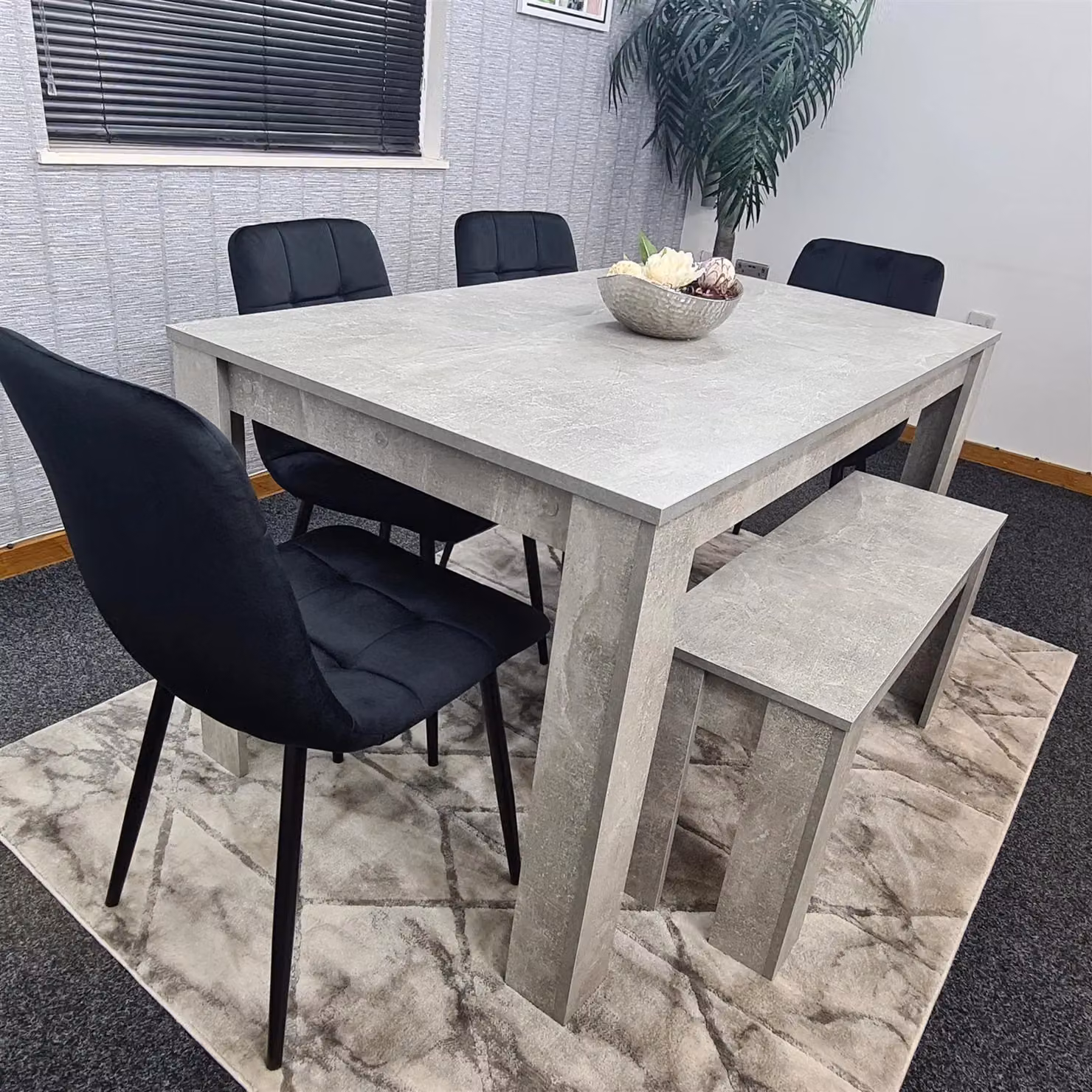 KOSY KOALA Modern Brown Dining Set with Grey Rectangular Table, 4 Black Velvet Chairs and 1 Bench – 2