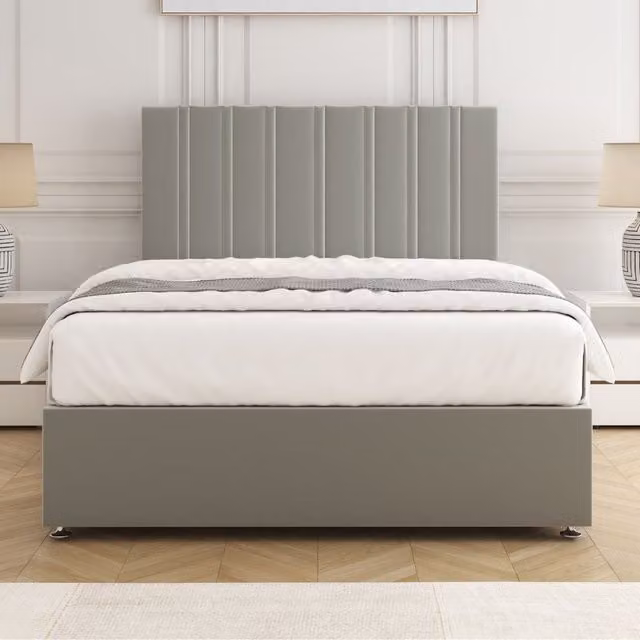 BSSPOKE Sienna Plush Velvet Divan Bed Set with 24 inch Headboard and Mattress in Silver, Super King, W/D/H: 200 x 200 cm