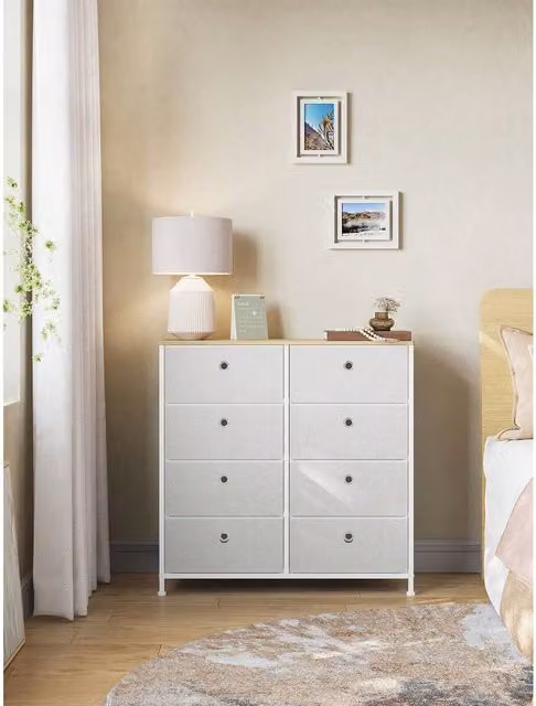SONGMICS White Modern Dresser with 8 Easy Pull Fabric Drawers and Metal Frame