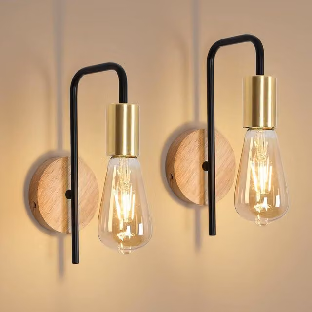 Goeco 2 Pack Industrial Vintage Wall Lights in Black and Wood with E27 Retro Glass Cylinder Design – 1