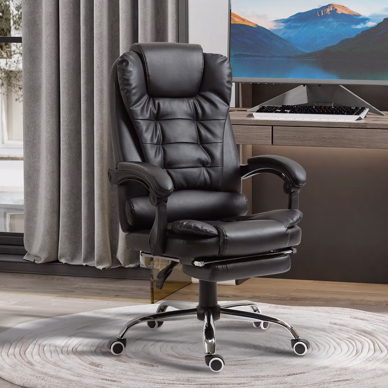 HOMCOM Black Executive PU Leather Office Chair with Headrest, Retractable Footrest and Swivel Wheels – 2
