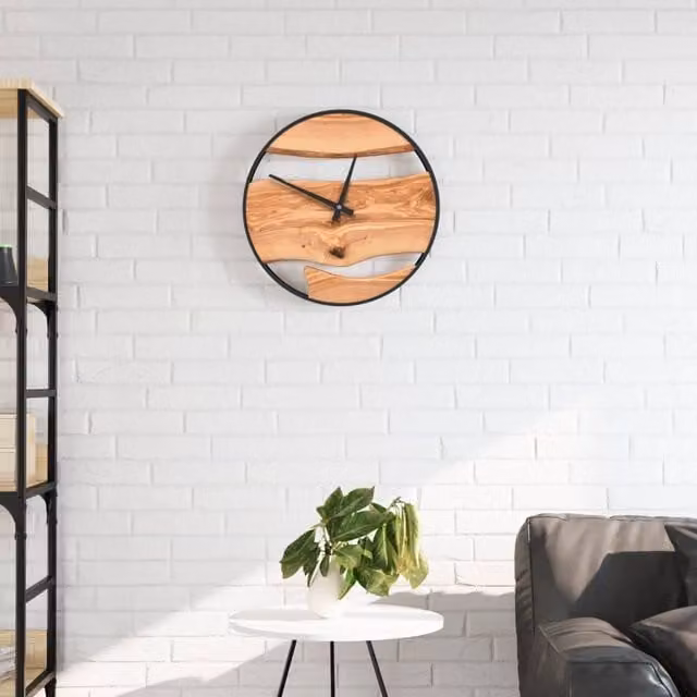 Berkfield Home Round Silent Quartz Wall Clock in Brown with Iron and Olive Wood, Diameter: 35 cm – 1