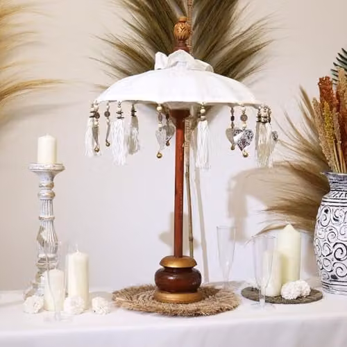 Serenityy Bali Home Decor Boho Round Tabletop Parasol in Beige and White Textile, Diameter: 40 cm – 2