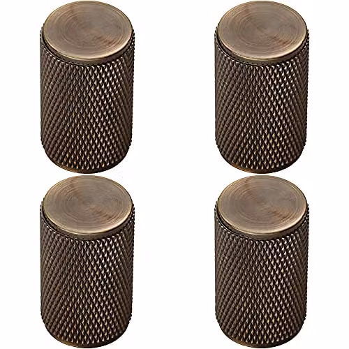 Loops 4 Pack Knurled Cylindrical Cupboard Door Knob in Antique Brass, 18mm Diameter – 1