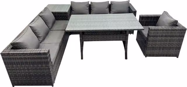 Fimous 7-Seater Outdoor Rattan Corner Sofa Dining Set with Side Table in Dark Grey