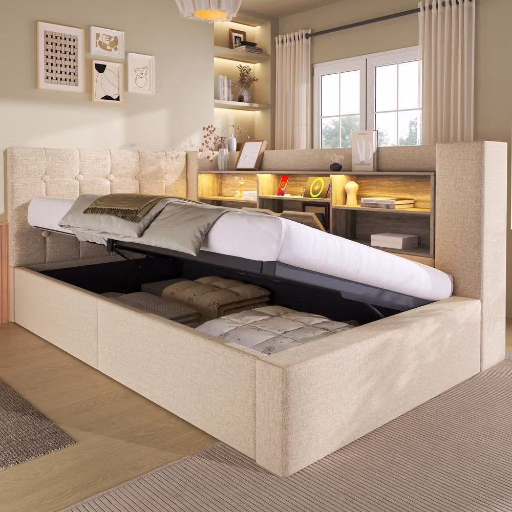FENCHILIN Upholstered Single LED Daybed Frame with Hydraulic Storage and USB Charging Station in Beige, W/D/H: 90 x 200 cm – 2