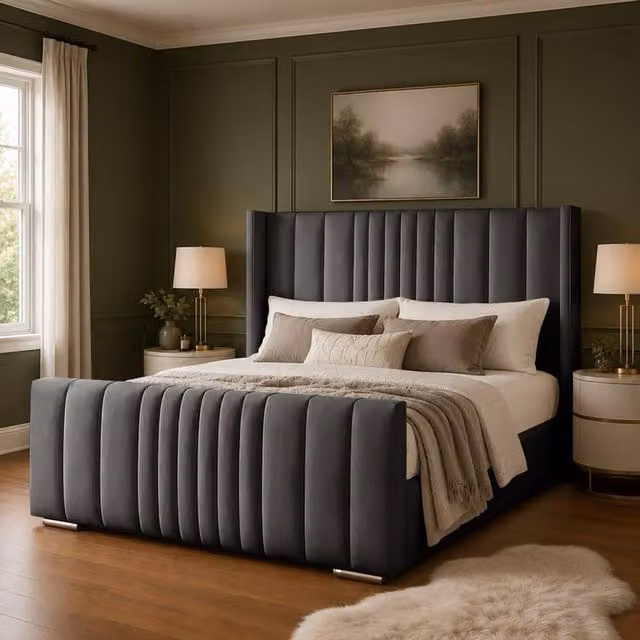 Desire Deco Luxury Austin Wingback Panel Bed Frame in Anthracite Grey Velvet, Size: 140 x 200 cm