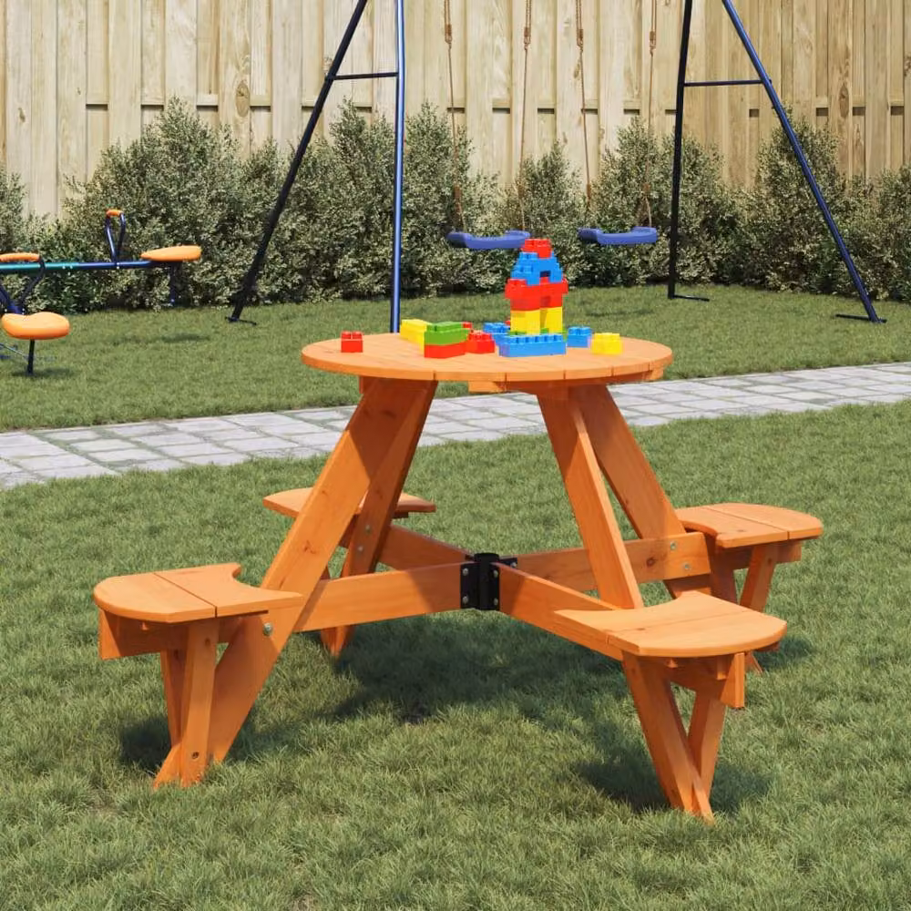 Berkfield Home Round Solid Wood Fir Picnic Table for 4 Children with Umbrella Hole in Brown – 2