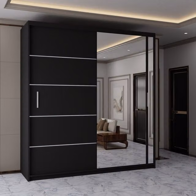 Sliding Wardrobes 4U Contemporary 2-Door Black Sliding Wardrobe with Mirror Door, W: 120 cm, H: 217 cm