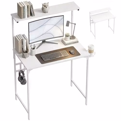 HOMCOM White Computer Desk with Adjustable Tabletop Shelf and Cup Holder – 1