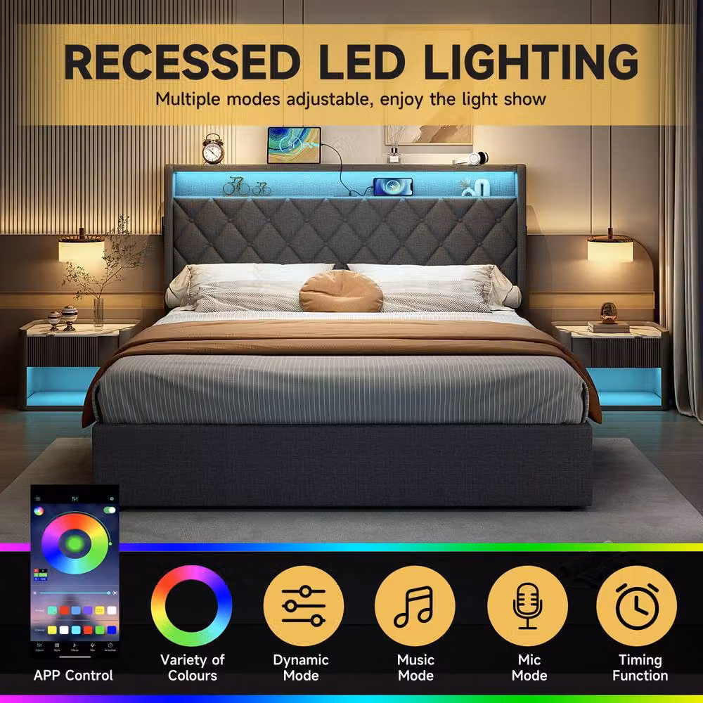 Merax Grey Linen Ottoman Bed with LED Storage Headboard, USB Charging Port and Bedside Shelf, W/D/H: 180 x 200 cm – 4