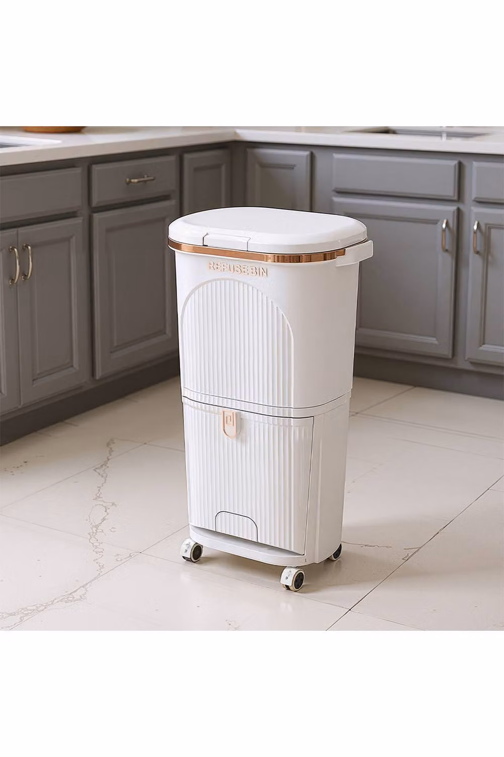 Living and Home 2-Layer Rolling Rubbish Bin with 2 Removable Inner Buckets in White – 2