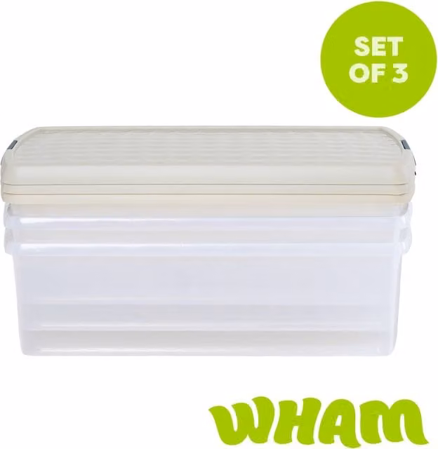 Wham Clip Set of 3 Rectangular Plastic Storage Boxes with Clip Lock Lids and Handles, 30L, Beige
