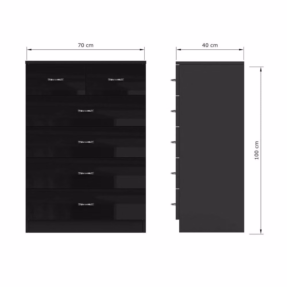Havendro Black High Gloss 6 Drawer Tall Chest of Drawers with Matt Frame – 2