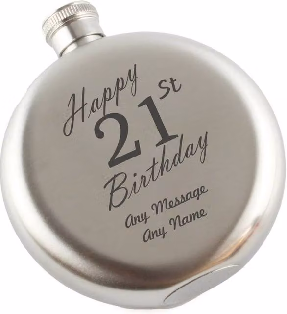 Uniqueful Men's Personalised Happy 21st Birthday Engraved 5oz Round Stainless Steel Hip Flask in Silver