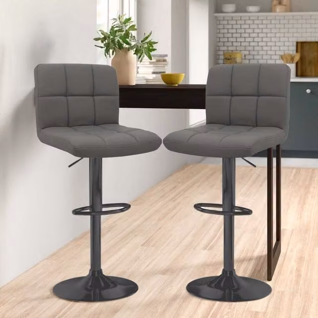 Neo Set of 2 Dark Grey Faux Leather Cuban Swivel Bar Stools with Matt Black Legs