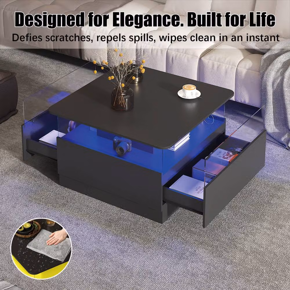 KEEPREAPER Modern Square Coffee Table with 2 Drawers and LED Light in Black – 4