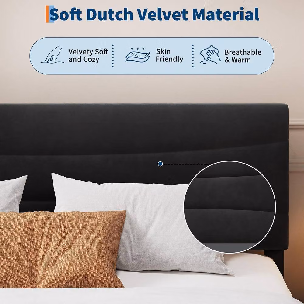 London Boutique Double Size Upholstered Bed Frame with Headboard in Black, W/D/H: 140 x 200 cm – 6