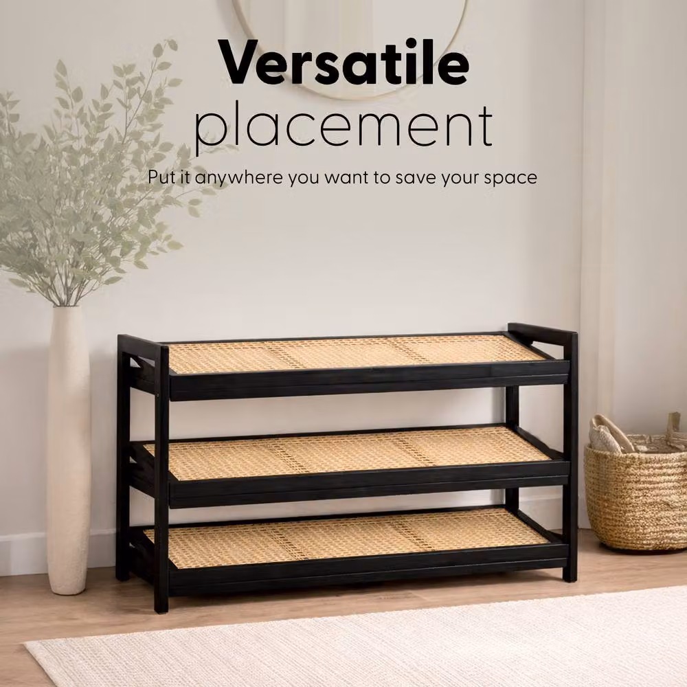 Keplin 3-Tier Bamboo and Rattan Shoe Organiser Rack in Black, W: 54 cm, H: 70 cm, D: 29 cm – 4