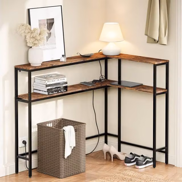 SoBuy L-Shaped Industrial Console Table with Integrated Power Socket in Brown and Black