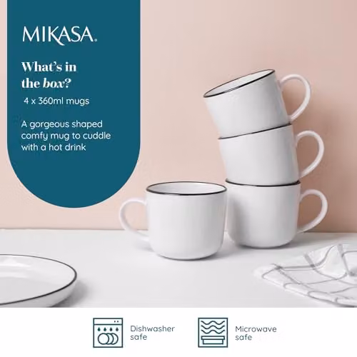 Mikasa Limestone Porcelain Mug Set of 4, 360ml, White with Black Rim – 2