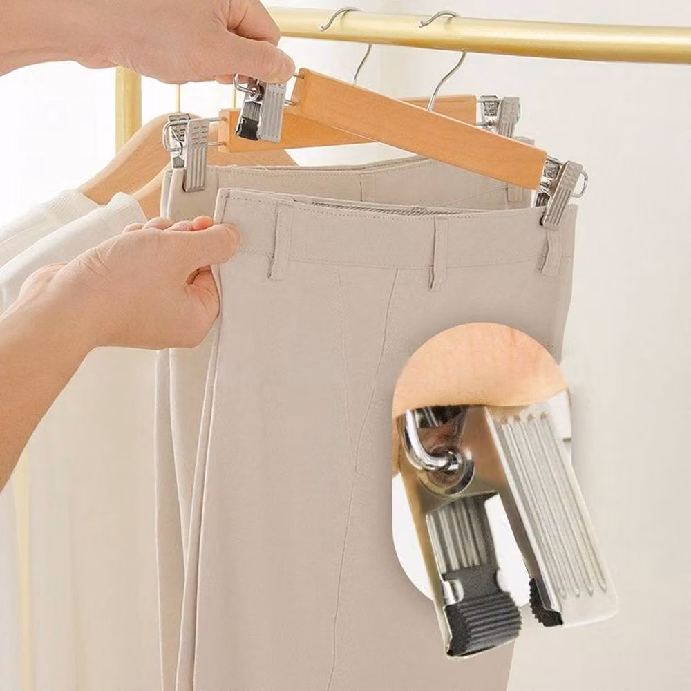 FLAVORA 12 Pack Natural Brown Wooden Trouser and Skirt Hangers with Clips and Bar – 2