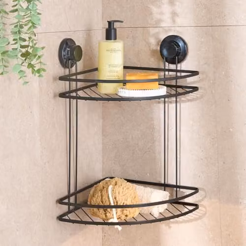 OHS 2 Tier Rustproof Metal Corner Shower Caddy with Suction Mount, Black – 1