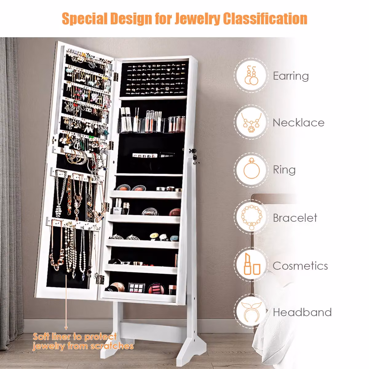 Costway Freestanding Jewelry Armoire with Full-Length Mirror and Lock in White – 5