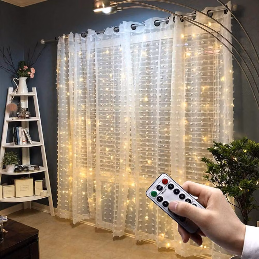 Garwarm White LED Curtain Fairy Lights with 300 LEDs, Remote Control, Timer and Dimmable Settings, W/H: 3 x 3 m – 2