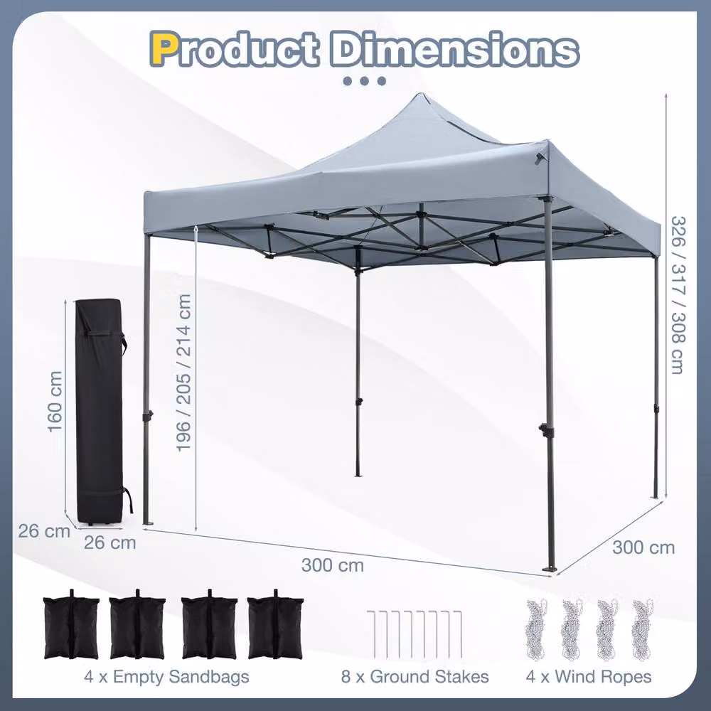 Costway Pop up Canopy Tent Gazebo Shelter in Grey, W/D: 300 x 300 cm – 2