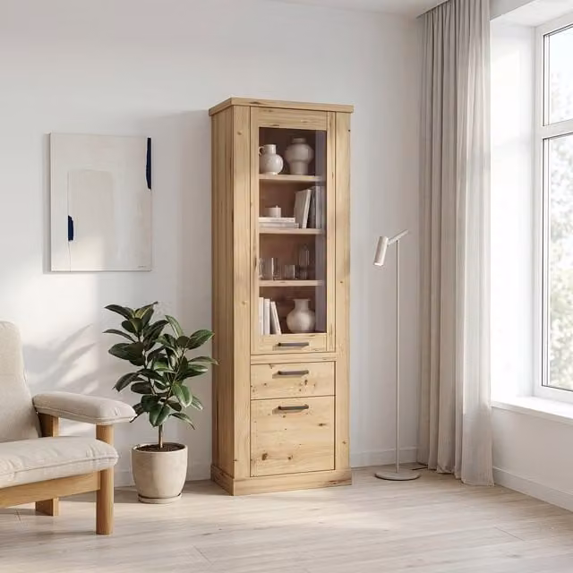 Furniture To Go Corona Narrow Display Cabinet in Artisan Oak with Glass Doors and Brown Wood Finish