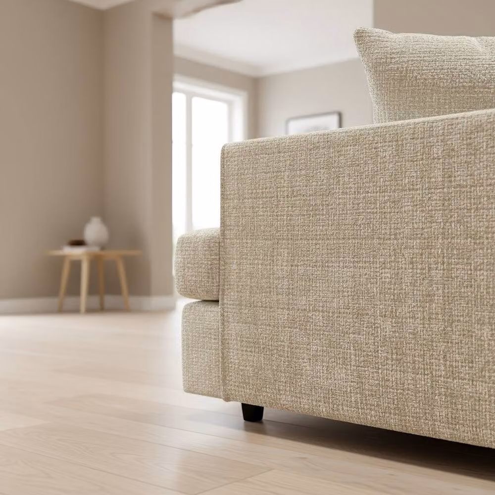 Abakus Direct Ferguson L-Shape Chenille Corner Sofa in Beige with Solid Wood Frame and Scatter Cushions – 2