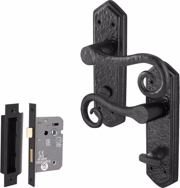 AFIT Black Antique Cast Iron Curly Tail Bathroom Door Handles and Lock, W/D/H: 15 x 15 x 2 cm